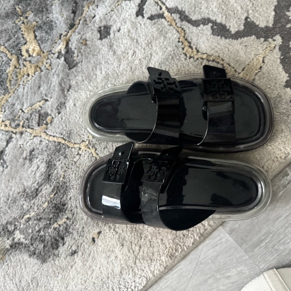 Tory Burch Black Patent Double-Buckle Slide Sandals